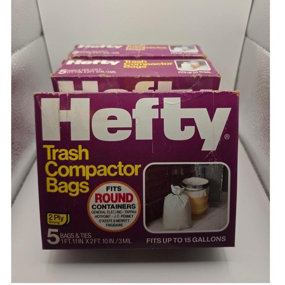 3 Sealed Boxes Hefty Trash Compactor Twist Tie Bags 15 Gal 1984 Vintage USA